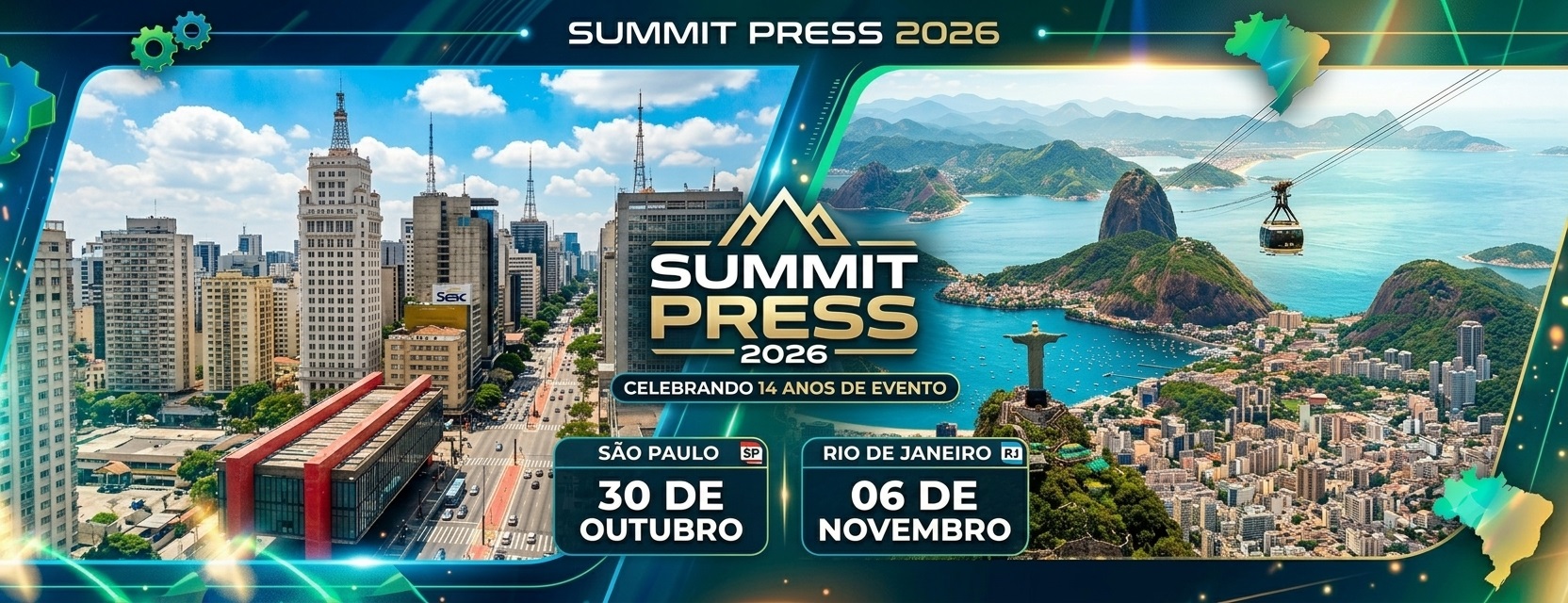 Arte do Summit Press 2026 com a Avenida Paulista e o Rio de Janeiro. A edição de São Paulo é em 30 de outubro; a do Rio foi cancelada